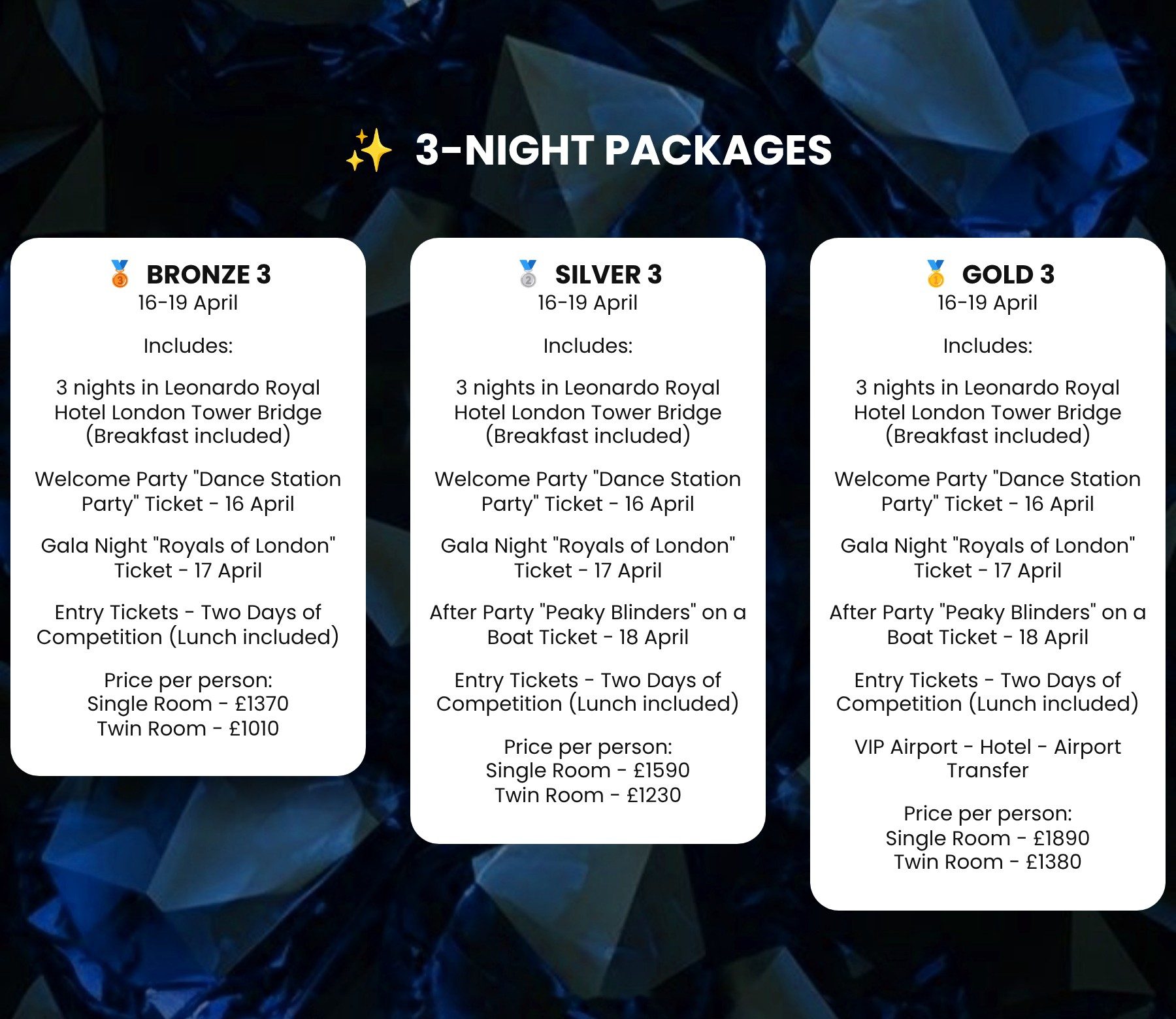 Diamond Ball London 2027 3-night packages: Bronze 3, Silver 3 and Gold 3, 16-19 April