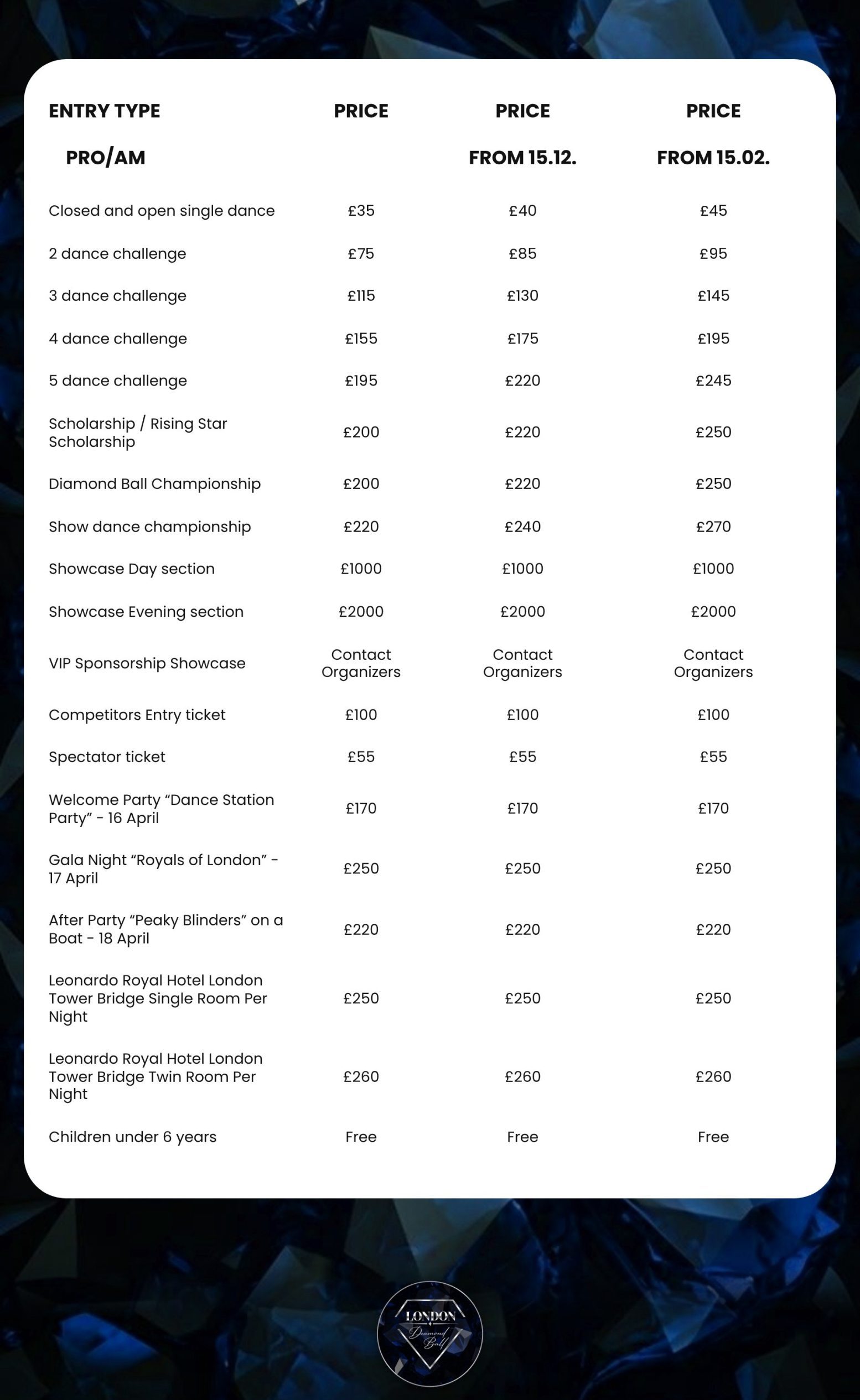 Diamond Ball London 2027 entry fees, party tickets and hotel prices